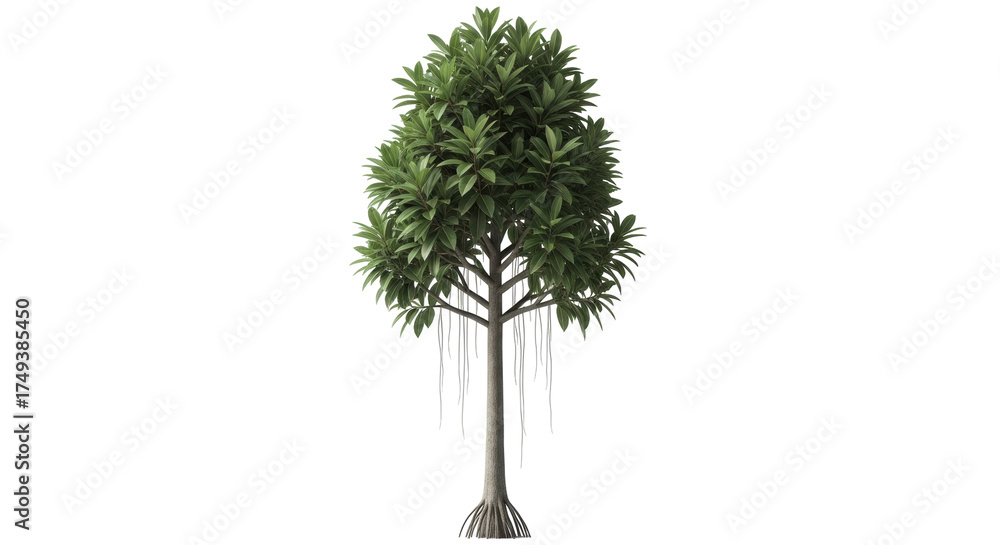 Fototapeta premium Isolated banyan tree with aerial roots showing from afar against a clear, light background