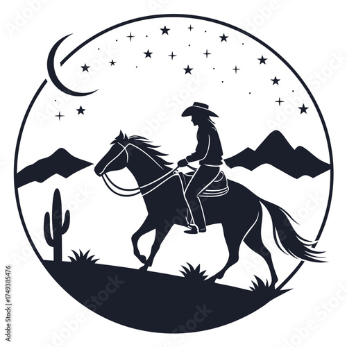 Silhouette of cowboy riding horse under starry night with moon and mountains in circular frame design created with generated ai