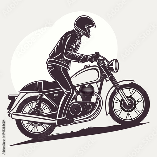 Illustration of a motorcyclist wearing a helmet and jacket riding a motorcycle on a slight incline created with generated ai