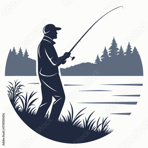 Silhouette of a fisherman casting a line by a lake surrounded by trees and tall grass design created with generated ai