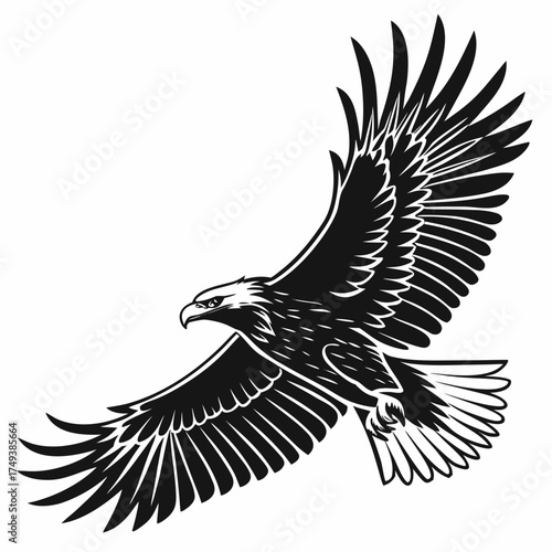 A majestic black and white eagle soars through the sky with its wings spread wide in a powerful display created with generated ai
