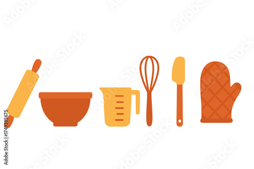 Set of essential baking and kitchen tools including rolling pin, mixing bowl, whisk, and oven mitt