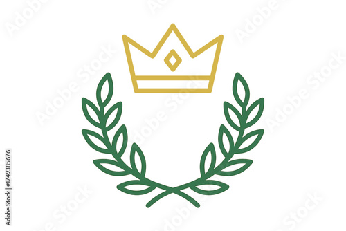 Golden crown placed above a green laurel wreath representing victory and success