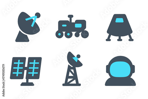 Set of space exploration icons featuring satellite dish, planetary rover, landing capsule, and astronaut helmet