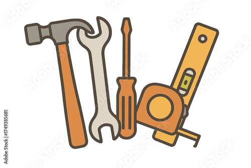Essential collection of hand tools including hammer, wrench, screwdriver, tape measure, and level for DIY and home repair