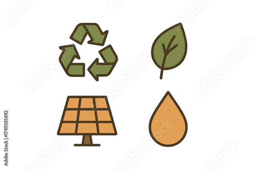 Essential environmental symbols: recycling, nature, solar power, and water conservation set