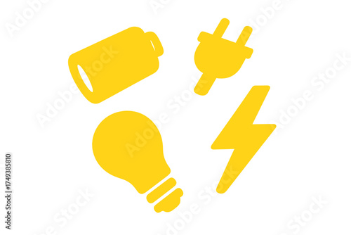 Yellow energy and power icons set with battery, light bulb, plug, and lightning bolt