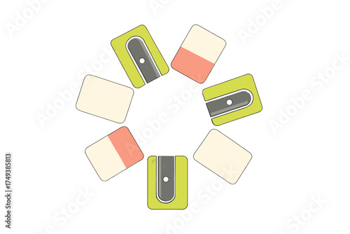 Seamless repeating pattern of lime green pencil sharpeners and pink erasers