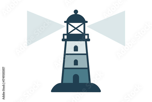 Coastal lighthouse tower emitting strong light beams for navigation and guidance