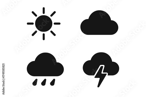 Basic weather forecast symbols showing sun, cloud, rain, and lightning storm