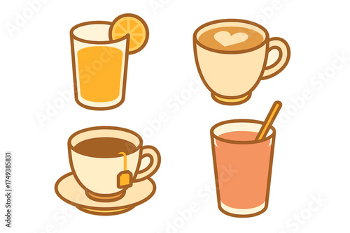 Stylized hot and cold drinks set featuring coffee, tea, orange juice, and mixed beverages