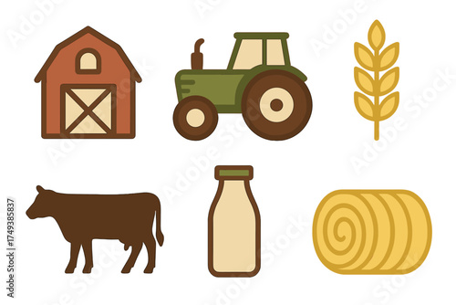 Essential farm and agriculture elements including barn, tractor, cow, wheat, milk, and hay bale set