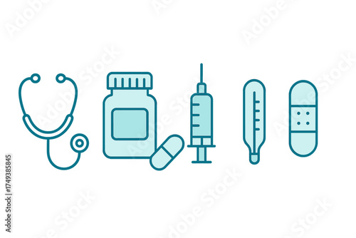 Basic medical tools and healthcare instruments including stethoscope, syringe, thermometer, and medicine bottle
