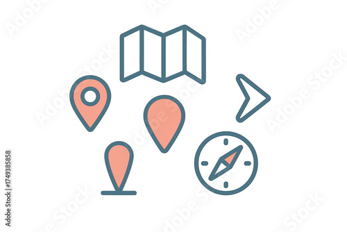 Set of geographic location markers, navigation tools, map pins, and compass