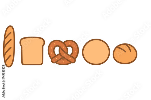 Variety of baked goods including baguette, sliced bread, pretzel, and round loaves