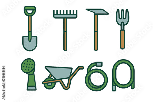 Essential collection of garden tools and farming equipment including shovel rake hoe and wheelbarrow