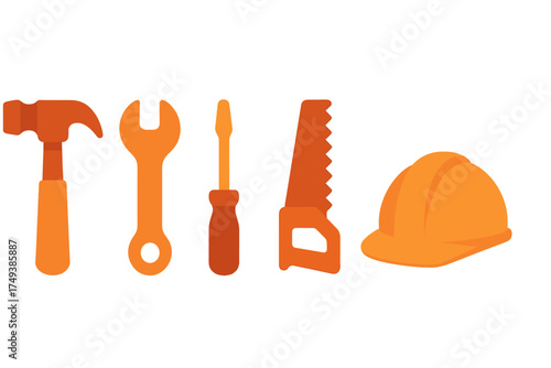 Construction and repair tools set including hammer, wrench, saw, screwdriver, and safety helmet