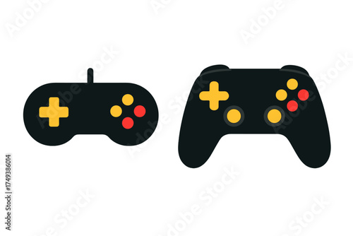 Two black gamepads in modern and retro style with yellow and red buttons