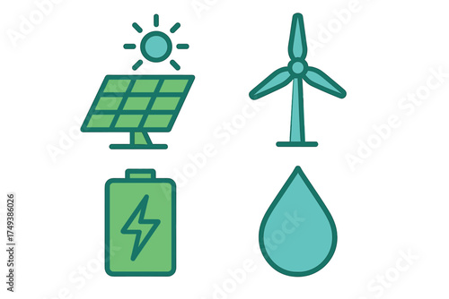 Four renewable energy symbols: solar panel, wind turbine, battery, and water drop