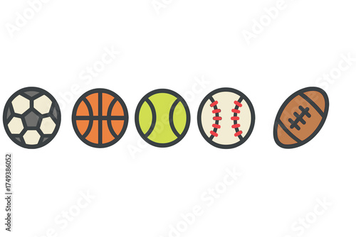 Collection of five major sports balls including soccer, basketball, tennis, baseball, and American football