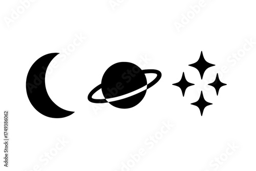 Minimalist set of celestial icons featuring a crescent moon, ringed planet, and twinkling stars
