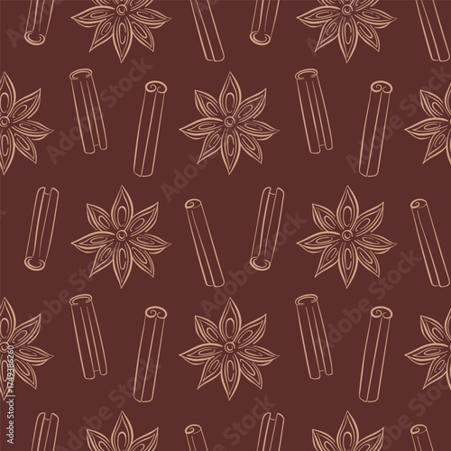 Seamless pattern with cinnamon stick and star anise drawn in line art style on a dark background.