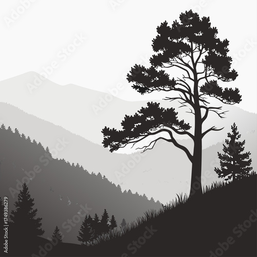 A grayscale landscape featuring a prominent tree silhouette against a backdrop of layered mountains and trees created with generated ai