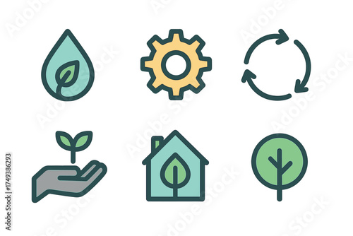 Colorful flat set of six symbols for environmental protection and sustainable living concepts