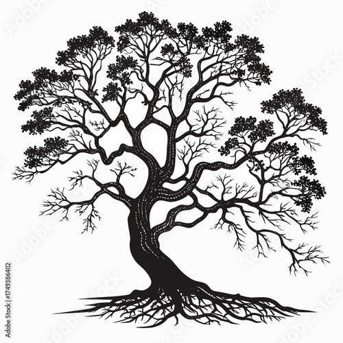 A detailed black and white illustration of a large tree with intricate branches and exposed root system created with generated ai