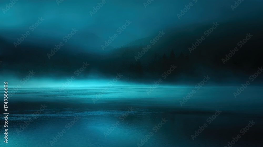Naklejka premium A serene, misty lake scene under a twilight sky, evoking a mysterious and tranquil atmosphere with dark silhouettes and soft blue hues.