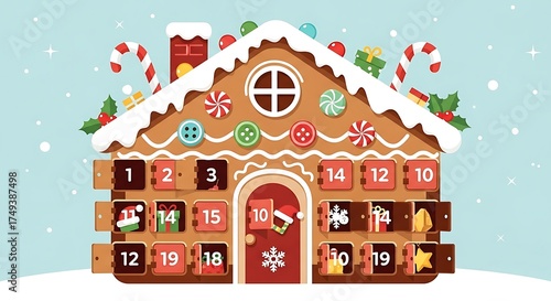 Festive gingerbread house advent calendar with numbered doors, candy canes, and decorative elements.