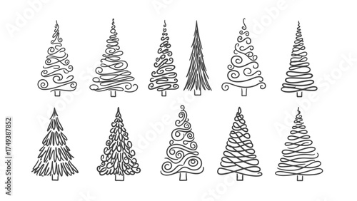 Collection of minimalist hand-drawn Christmas tree illustrations on white background
