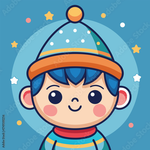 Cute cartoon boy with winter hat smiling illustration graphic design