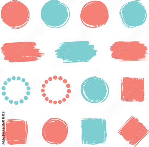 Abstract brushstroke set with coral and turquoise shapes on white background