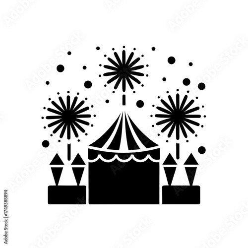 Festival tent with fireworks up on transparent background