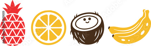 Fruit Silhouette Set: tropical fruit illustration on white background, including pineapple, orange slice, coconut and banana in flat vector style