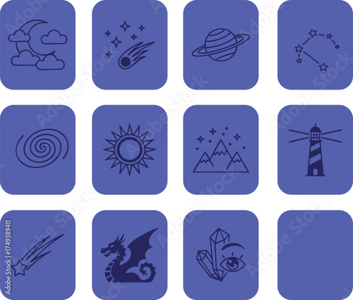Silhouette set of moon, stars, sun, planet and mystical icons on blue background