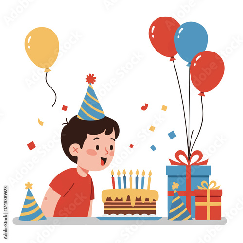 A happy child celebrates their birthday, joyfully blowing out candles on a cake amidst vibrant balloons and colorful wrapped gifts, presented as a bright 2D flat vector illustration.