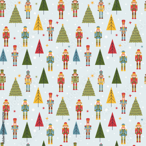 Seamless Christmas Pattern with Nutcrackers in Vector on light blue background.