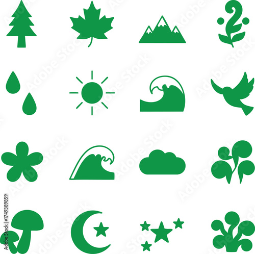 Nature Silhouette Icon Set in Green Color with Tree, Leaf, Mountain, Sun, and Moon Symbols