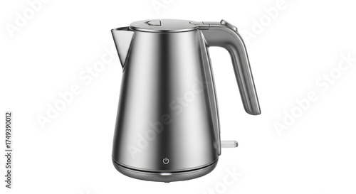 Isolated brushed stainless steel electric kettle ready to heat water for coffee or tea service