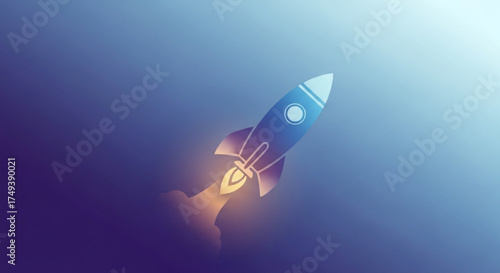 A blue rocket ship takes off into the sky with a bright light shining on it, symbolizing a new business or product launch