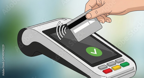 Hand using nfc payment terminal with credit card contactless payment system modern technology of payment