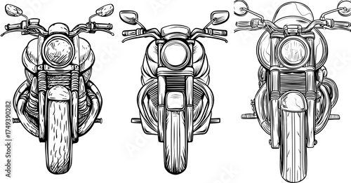 The illustration is a black and white silhouette of a vintage motorcycle seen from the front