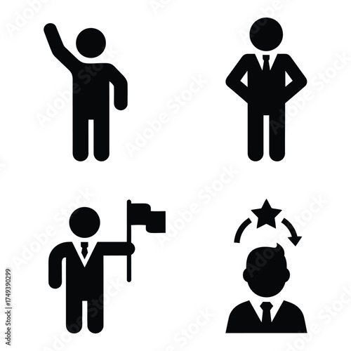 Iconography of business and leadership concepts featuring figures in suits demonstrating various actions and achievements for digital platforms silhouette
