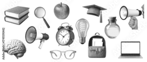 Black and white halftone education and school icon set featuring books, brain, backpack, clock, laptop, megaphone, and academic symbols