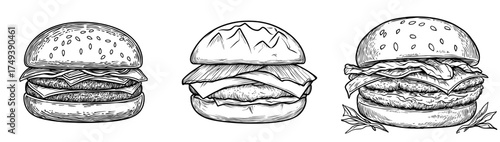 A classic hamburger is depicted in a black and white silhouette illustration, complete with a sesame seed bun