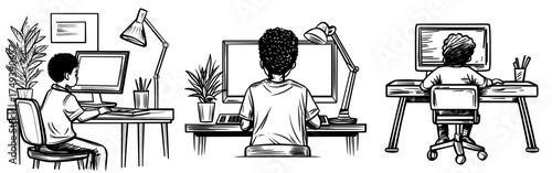 A child is represented by a silhouette sitting at a desk and utilizing a computer, signifying contemporary education