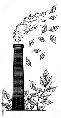 The silhouette of a chimney releasing leaves represents a shift towards eco-friendly industry and increased environmental awareness