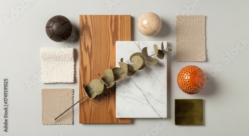 Modern interior design mood board featuring wood textures fabric swatches and natural elements for inspiration